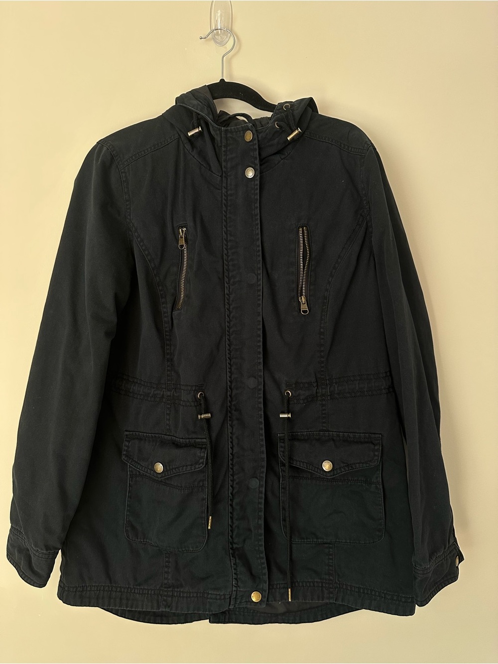 Black Utility Jacket | 100% Cotton | Cinched Waist Anorak Coat Size Large